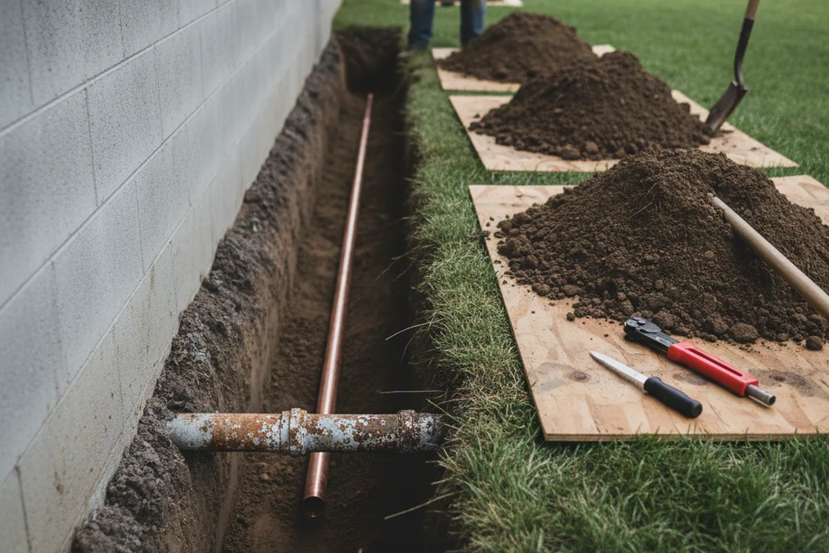 Excavated water line trench during Water Softener Installation in Moncure